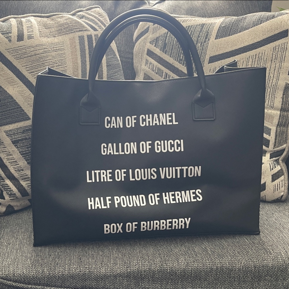 Chic Black Tote Bag with Bold Text